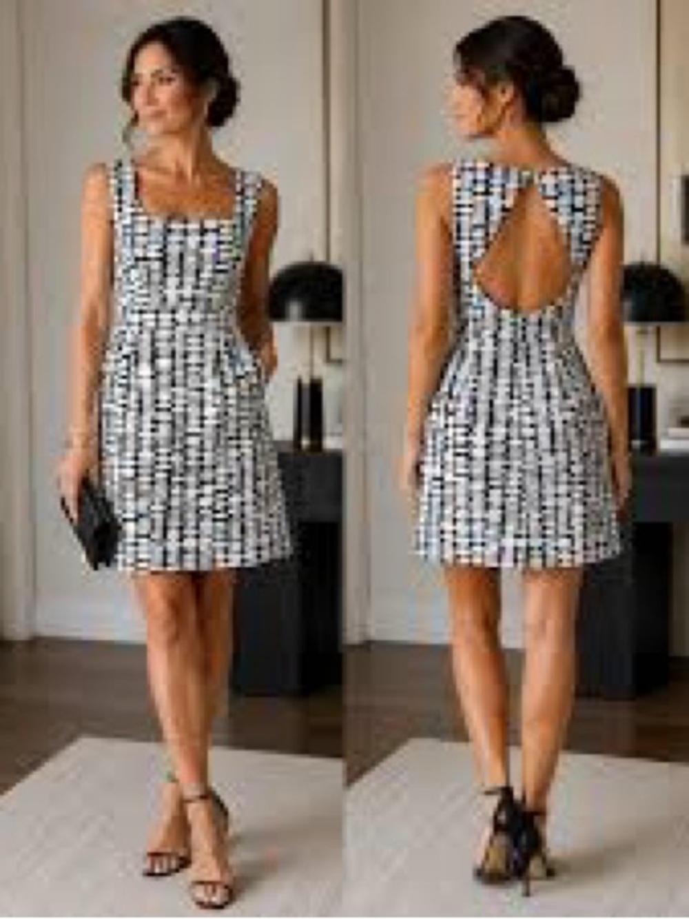 ANTONIO MELANI Black and White Abstract Dot Midi Dress